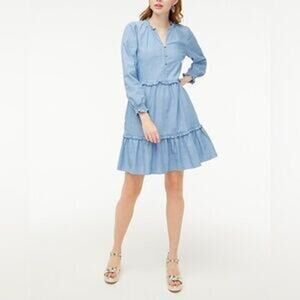 J. Crew Women's Blue Chambray Ruffle Mini Dress Size 12 NWT
